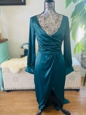 Satin Teal Long Sleeve Dress Unique